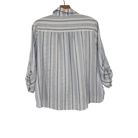 Chicos 2 Womens Striped crinkle Button-Up Shirt Size large tie front Blue White - Picture 3 of 4
